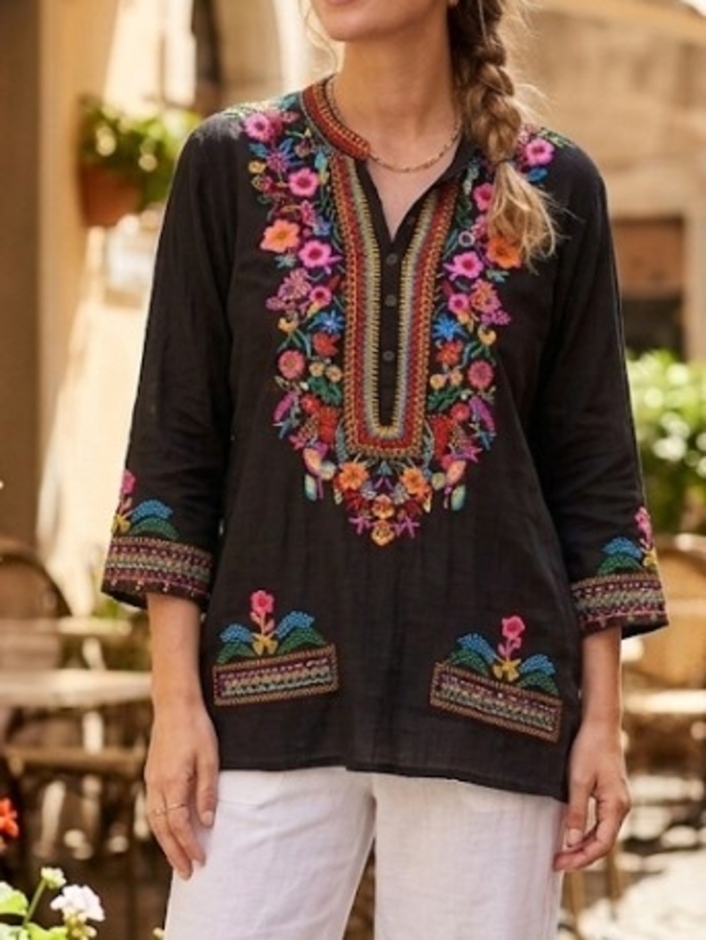 Embroidered Tunic Top Multicolor Floral (Sz M) Boho Prairie Festival Hippy
